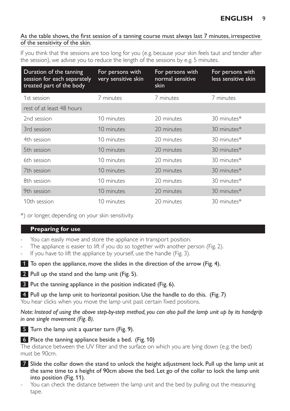 Preparing for use, Using the appliance | Philips Solárium de cuerpo entero plegable User Manual | Page 9 / 116