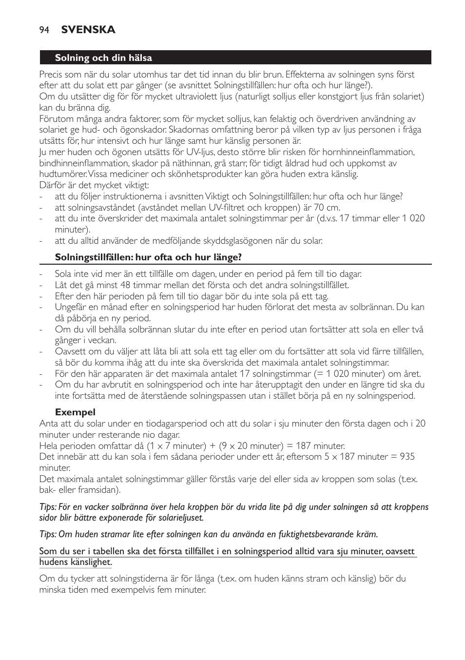 Solningstillfällen: hur ofta och hur länge, Exempel | Philips Solárium de cuerpo entero plegable User Manual | Page 94 / 116