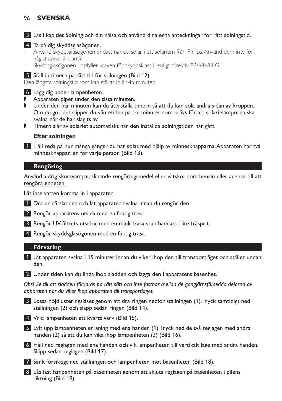 Efter solningen, Rengöring, Förvaring | Philips Solárium de cuerpo entero plegable User Manual | Page 96 / 116