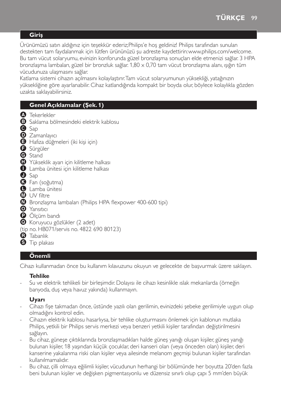 Tehlike, Uyarı, Türkçe | Giriş, Genel açıklamalar (şek. 1), Önemli | Philips Solárium de cuerpo entero plegable User Manual | Page 99 / 116