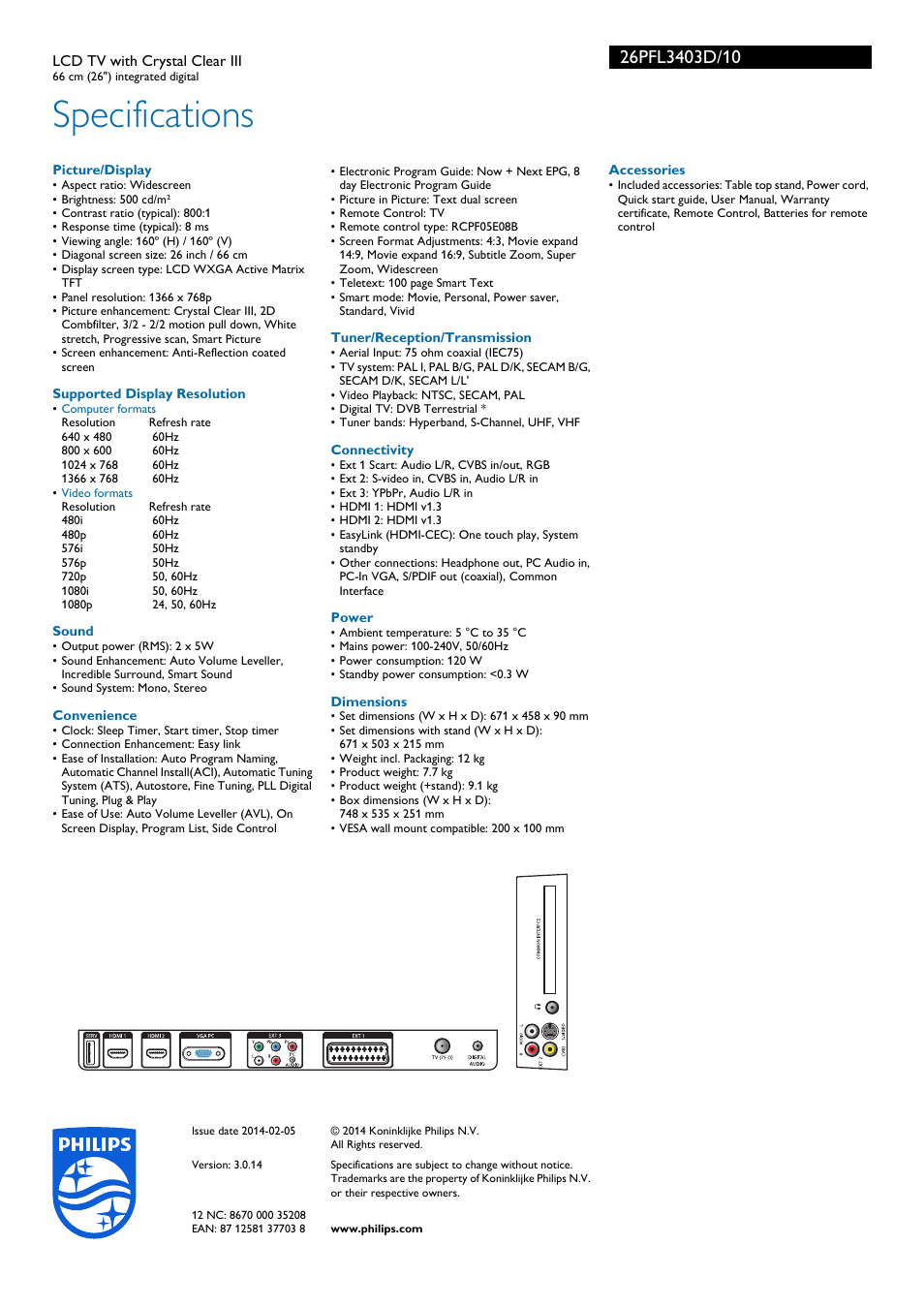 Specifications | Philips TV LCD User Manual | Page 3 / 3