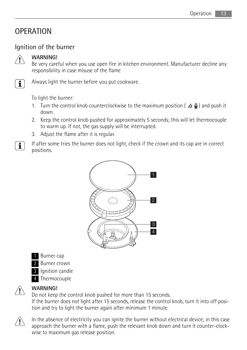 Operation, Ignition of the burner | AEG HG654320NM User Manual | Page 13 / 20