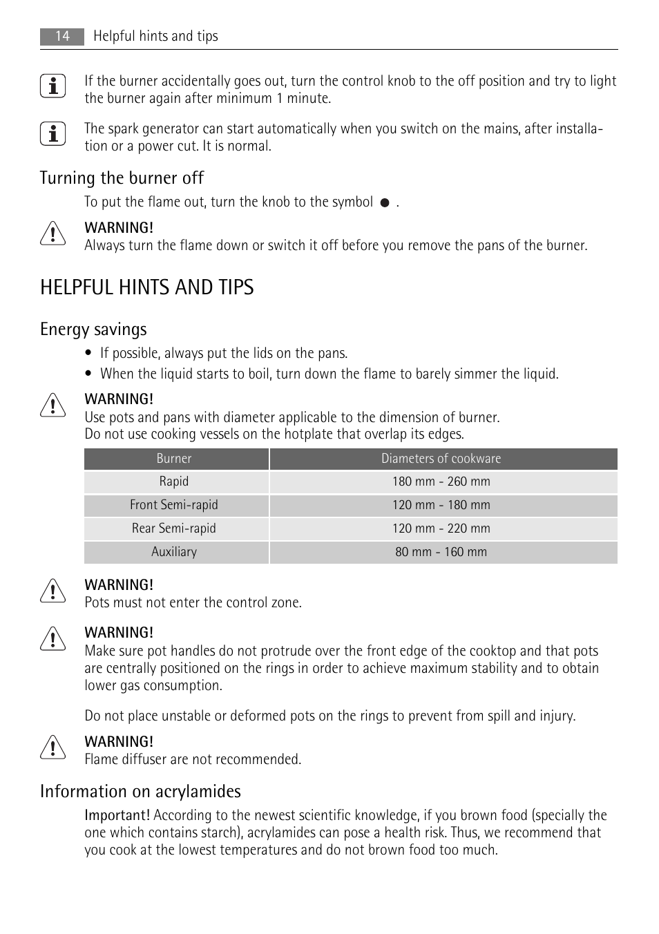 Helpful hints and tips, Turning the burner off, Energy savings | Information on acrylamides | AEG HG654320NM User Manual | Page 14 / 20