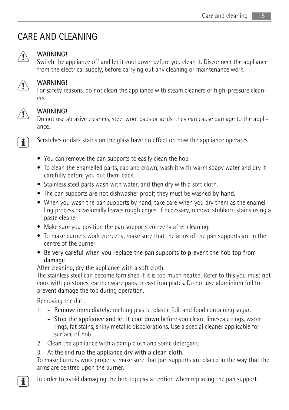Care and cleaning | AEG HG654320NM User Manual | Page 15 / 20