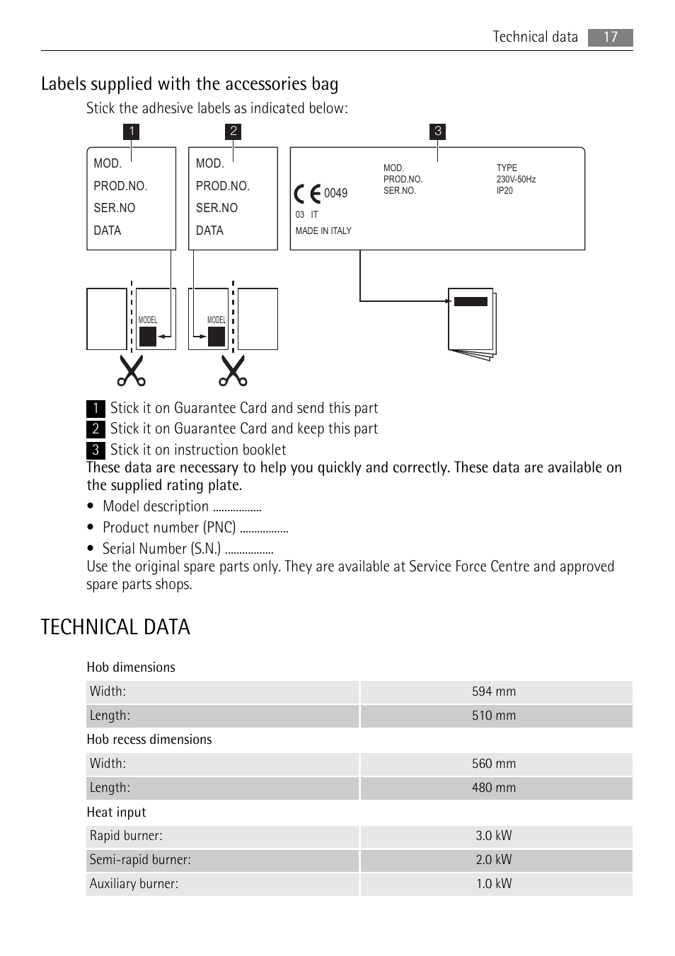 Technical data, Labels supplied with the accessories bag | AEG HG654320NM User Manual | Page 17 / 20