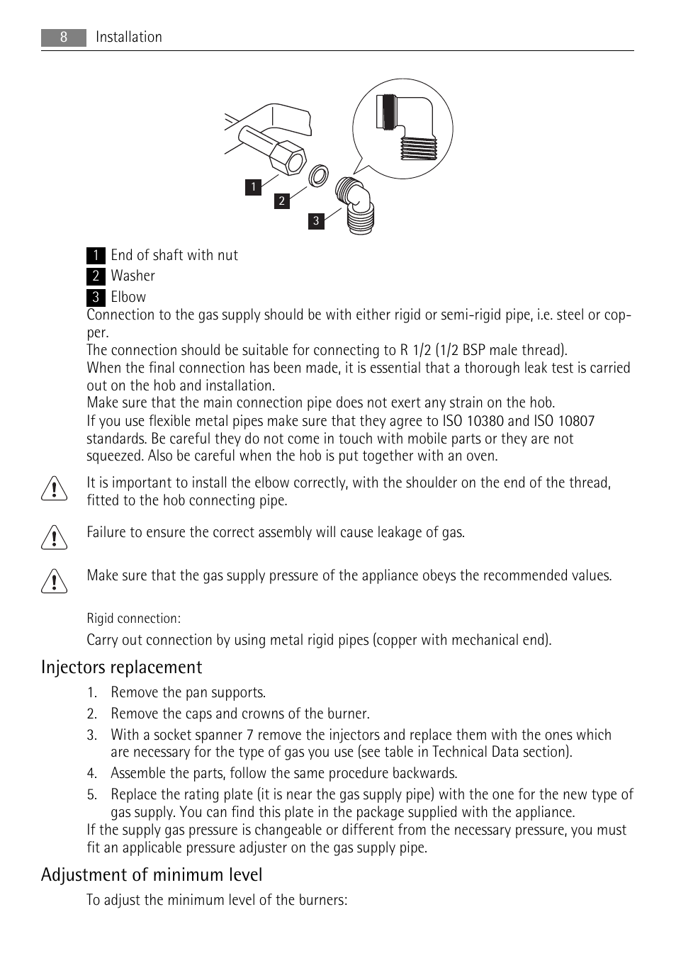 Injectors replacement, Adjustment of minimum level | AEG HG654320NM User Manual | Page 8 / 20