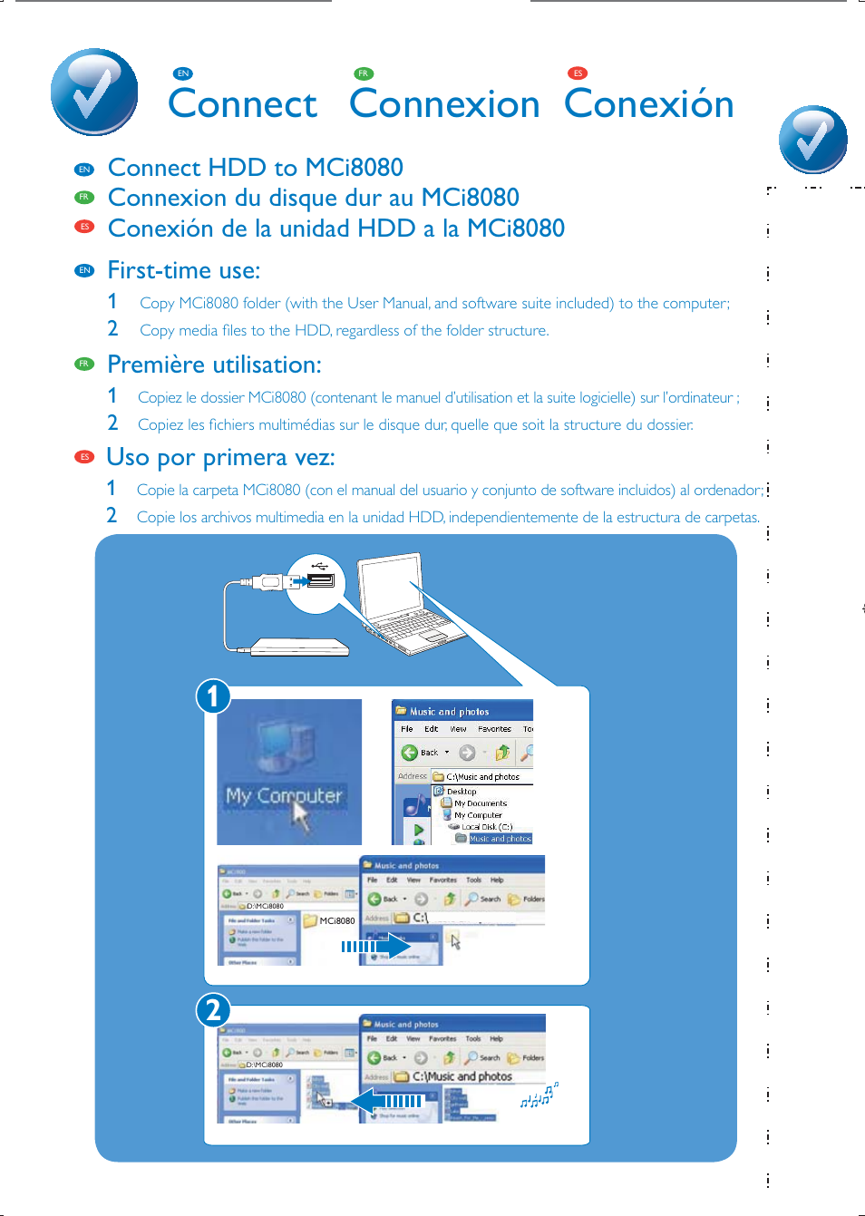 Connect connexion conexión, First-time use, Première utilisation | Uso por primera vez, Connect hdd to mci8080 | Philips Streamium Sistema Hi-Fi con componentes Wi-Fi User Manual | Page 5 / 28