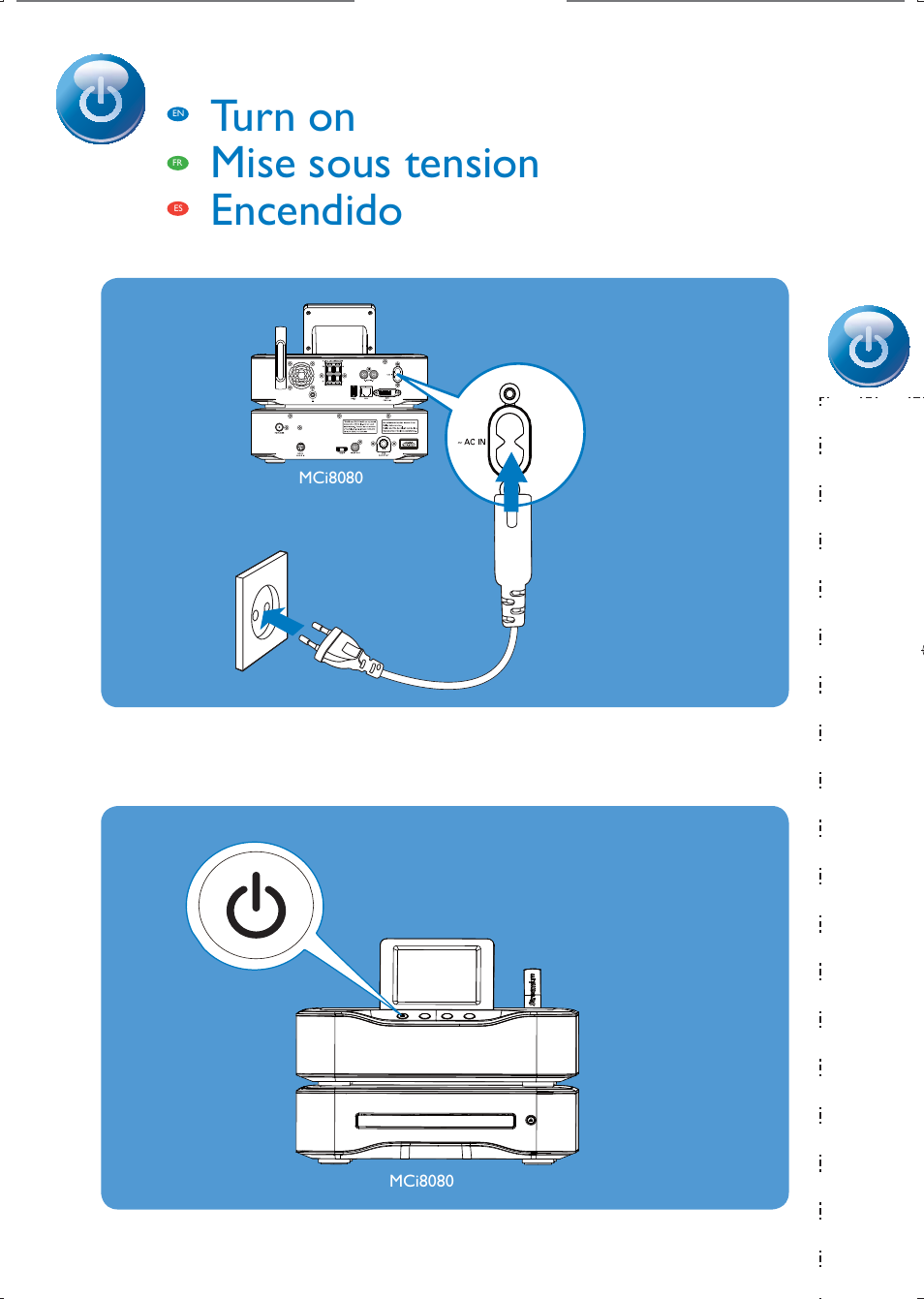 Turn on mise sous tension encendido | Philips Streamium Sistema Hi-Fi con componentes Wi-Fi User Manual | Page 9 / 28