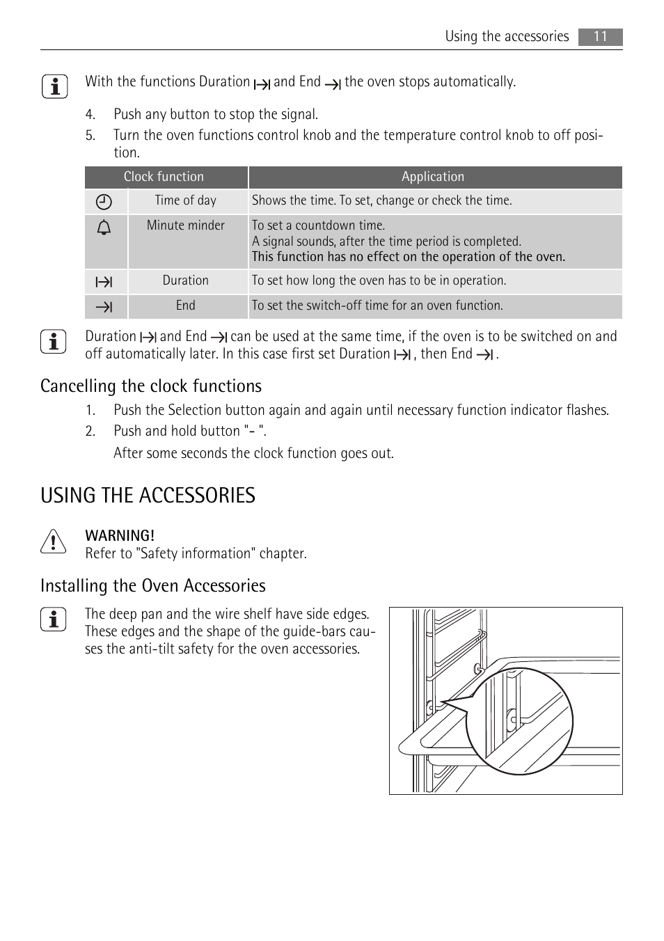 Using the accessories, Cancelling the clock functions, Installing the oven accessories | AEG BE3013021 User Manual | Page 11 / 28