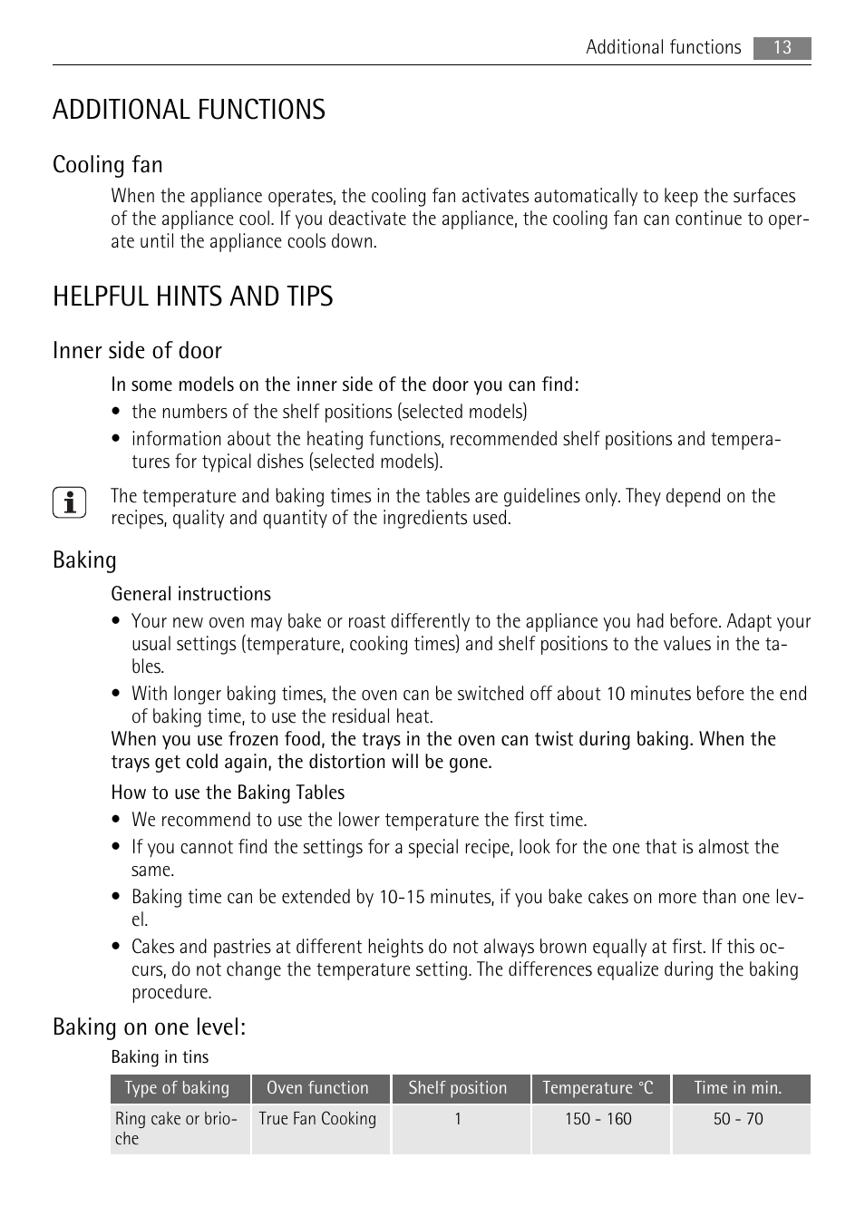 Additional functions, Helpful hints and tips, Cooling fan | Inner side of door, Baking, Baking on one level | AEG BE3013021 User Manual | Page 13 / 28
