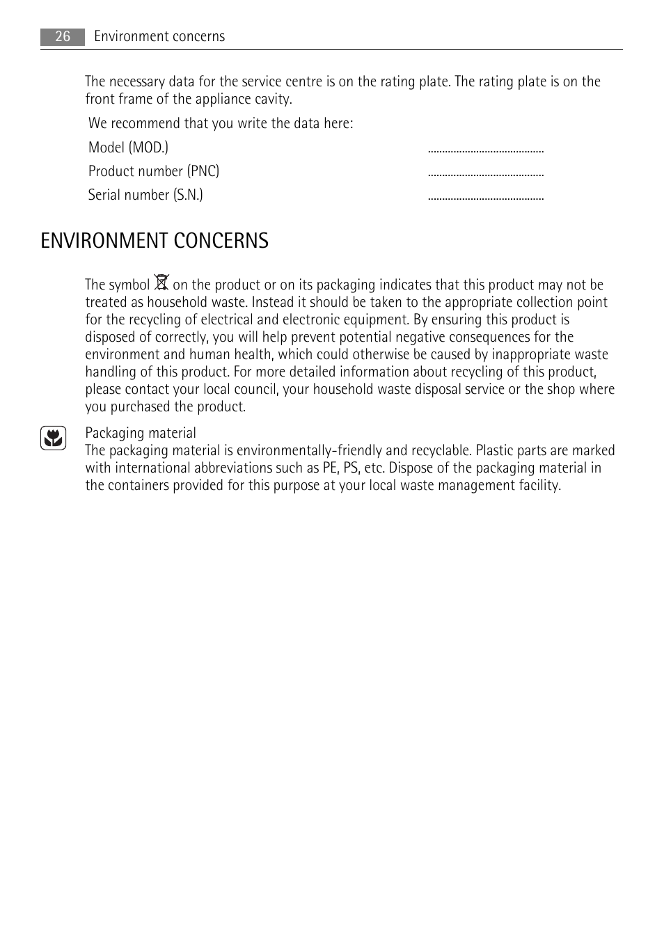Environment concerns | AEG BE3013021 User Manual | Page 26 / 28