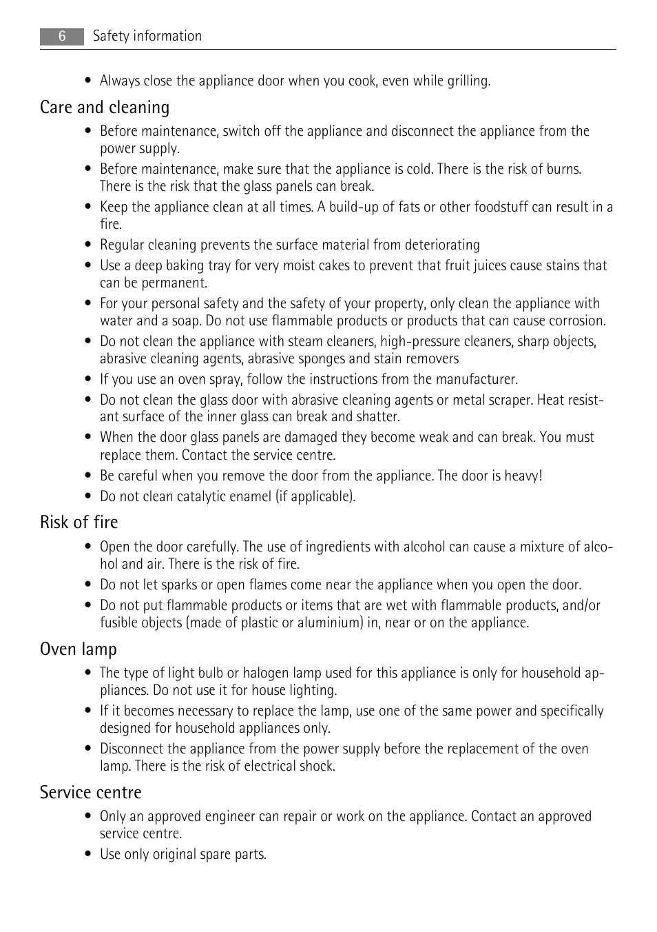 Care and cleaning, Risk of fire, Oven lamp | Service centre | AEG BE3013021 User Manual | Page 6 / 28