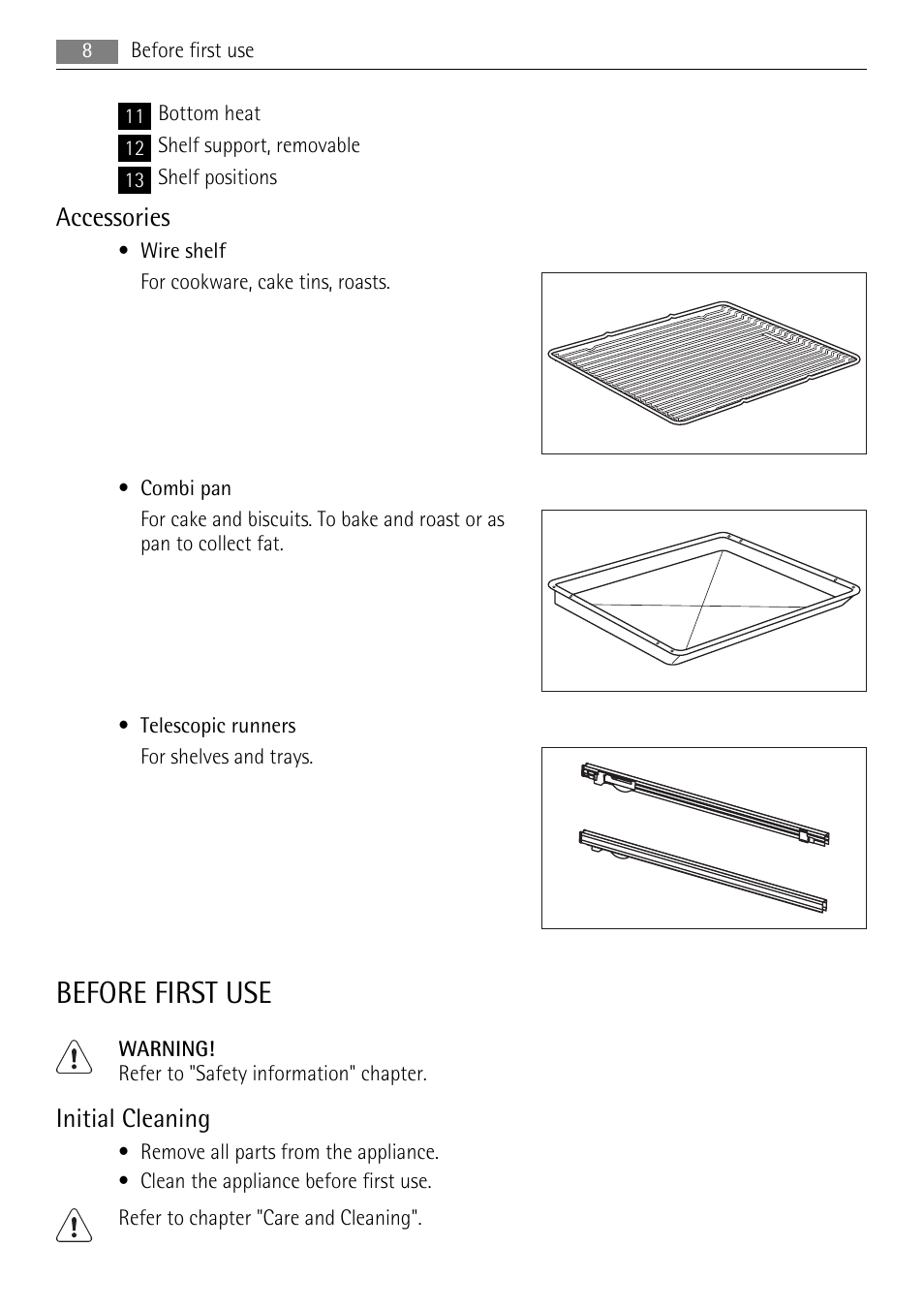 Before first use, Accessories, Initial cleaning | AEG BE3013021 User Manual | Page 8 / 28