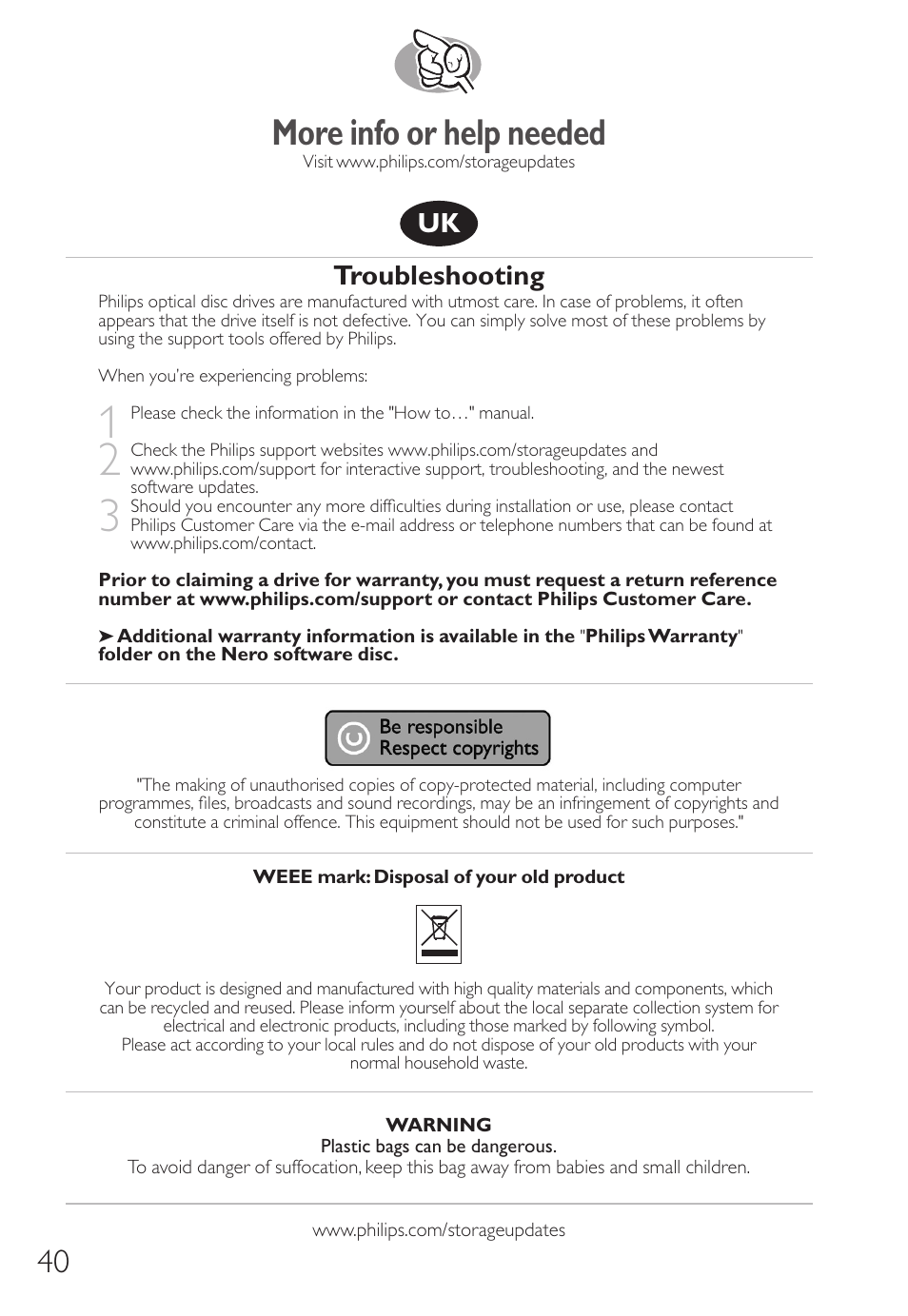 More info or help needed, Troubleshooting | Philips Unidad interna User Manual | Page 40 / 88