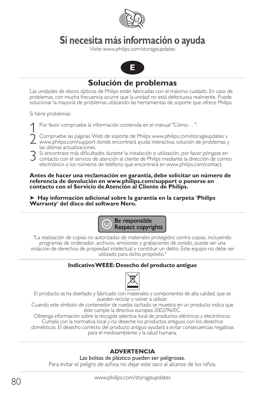 Si necesita más información o ayuda, Solución de problemas | Philips Unidad interna User Manual | Page 80 / 88