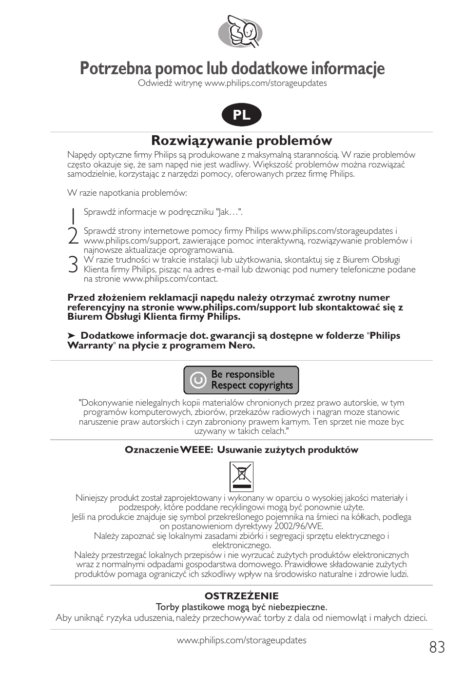 Potrzebna pomoc lub dodatkowe informacje, Rozwiązywanie problemów | Philips Unidad interna User Manual | Page 83 / 88