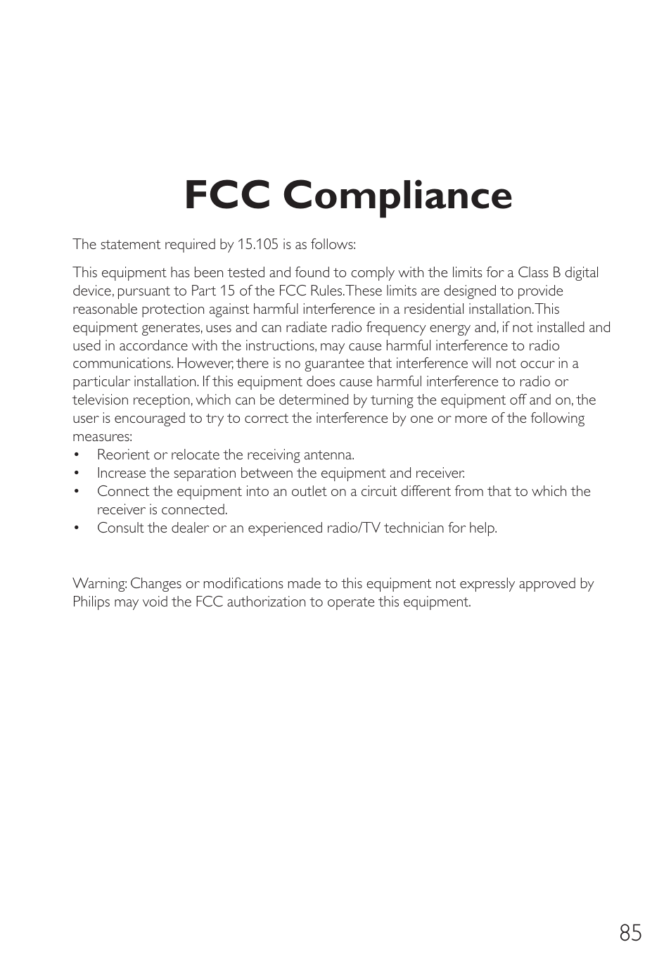 Fcc compliance | Philips Unidad interna User Manual | Page 85 / 88