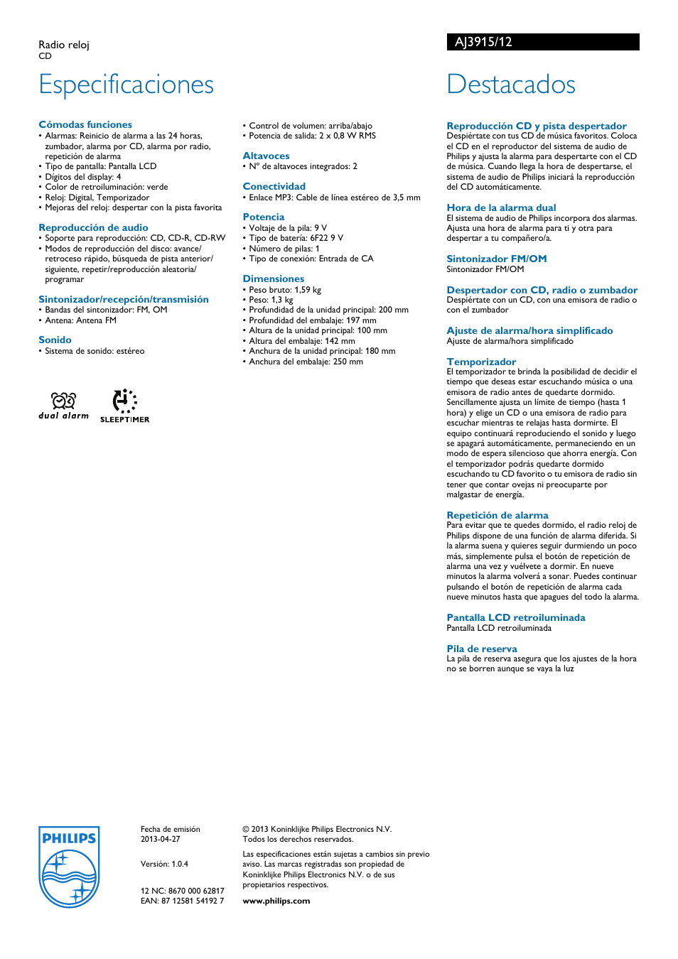 Especificaciones, Destacados | Philips Radio reloj User Manual | Page 2 / 2