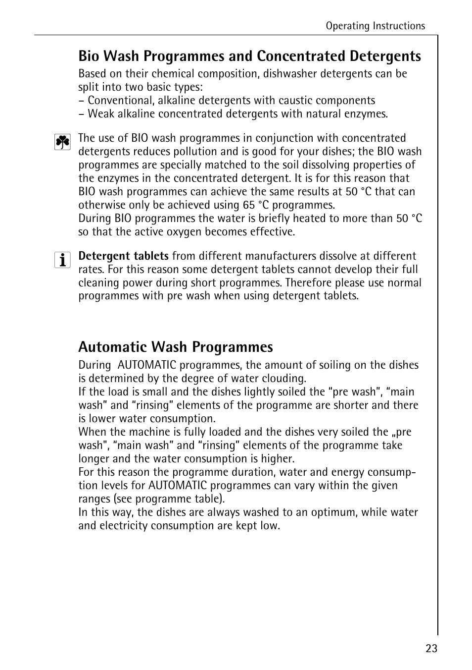 Bio wash programmes and concentrated detergents, Automatic wash programmes | AEG 80850 I User Manual | Page 23 / 48