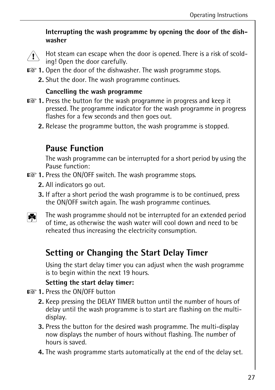 Pause function, Setting or changing the start delay timer | AEG 80850 I User Manual | Page 27 / 48