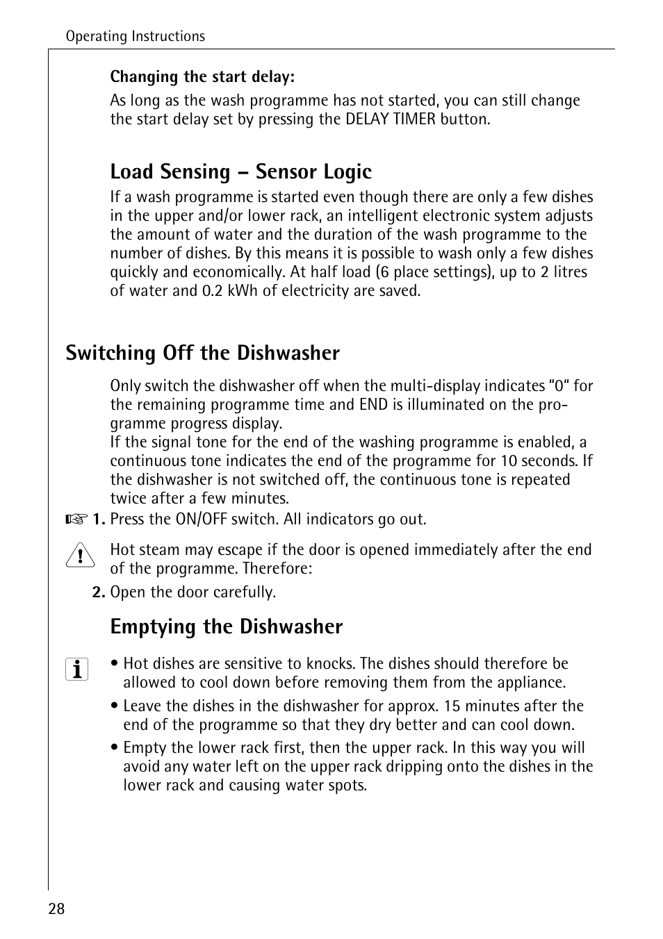 Load sensing – sensor logic, Switching off the dishwasher, Emptying the dishwasher | AEG 80850 I User Manual | Page 28 / 48