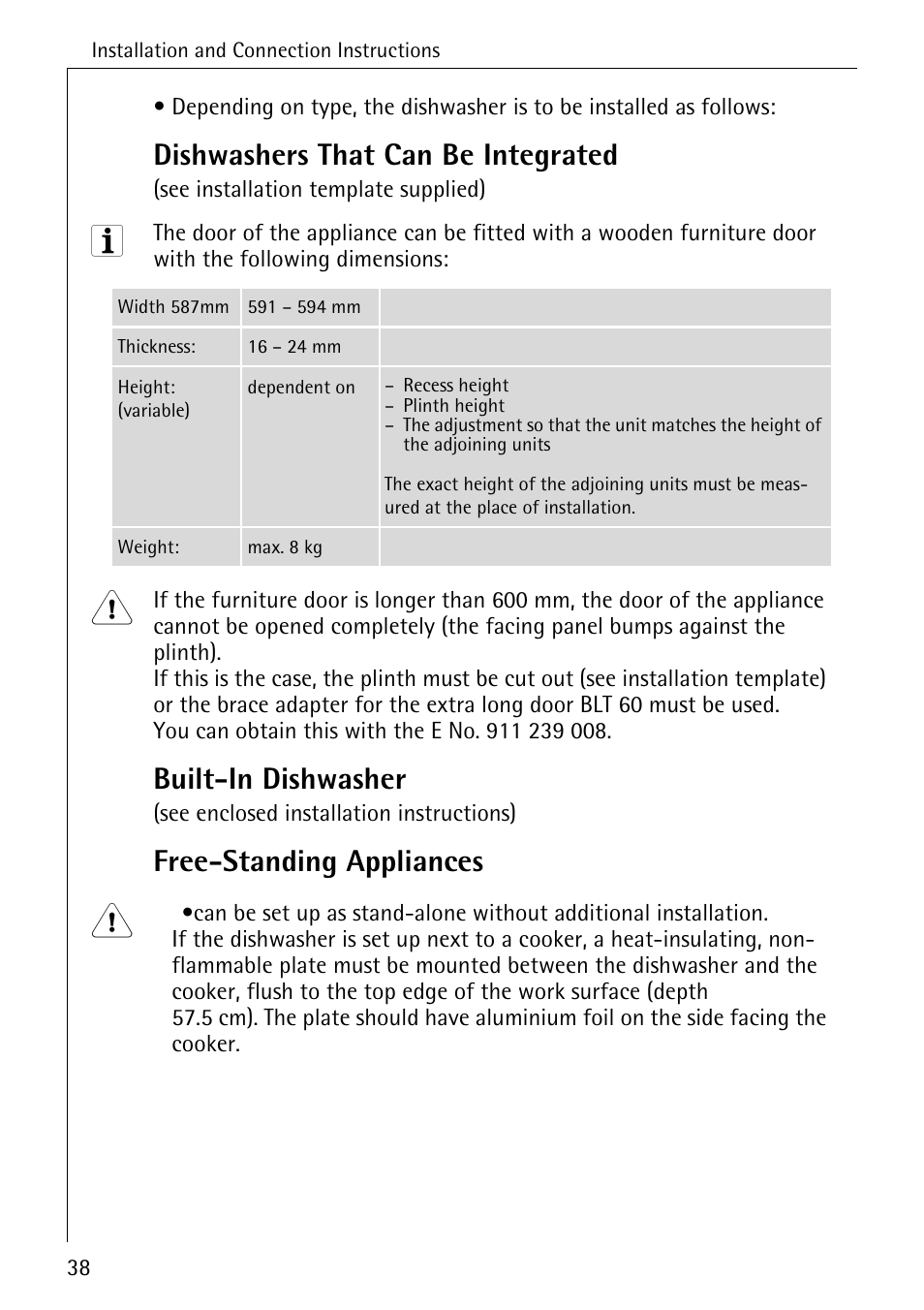 Dishwashers that can be integrated, Built-in dishwasher, Free-standing appliances | AEG 80850 I User Manual | Page 38 / 48