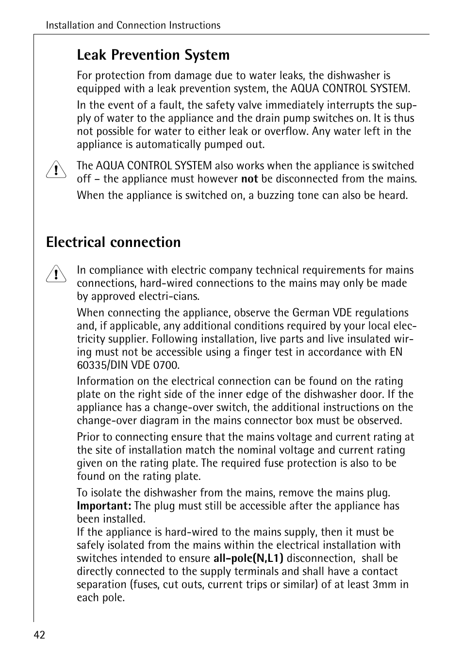 Leak prevention system, Electrical connection | AEG 80850 I User Manual | Page 42 / 48