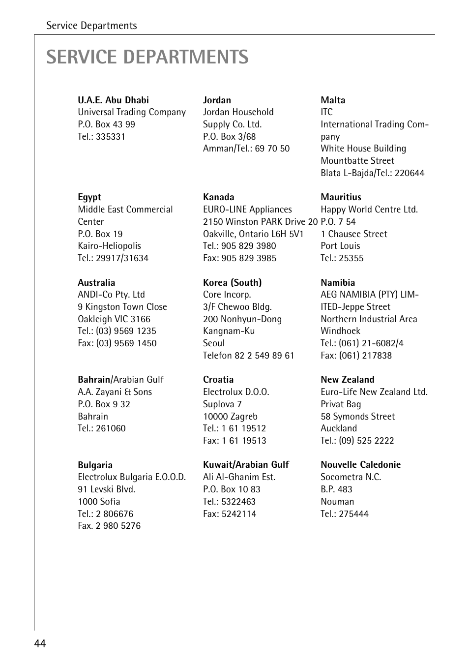 Service departments | AEG 80850 I User Manual | Page 44 / 48