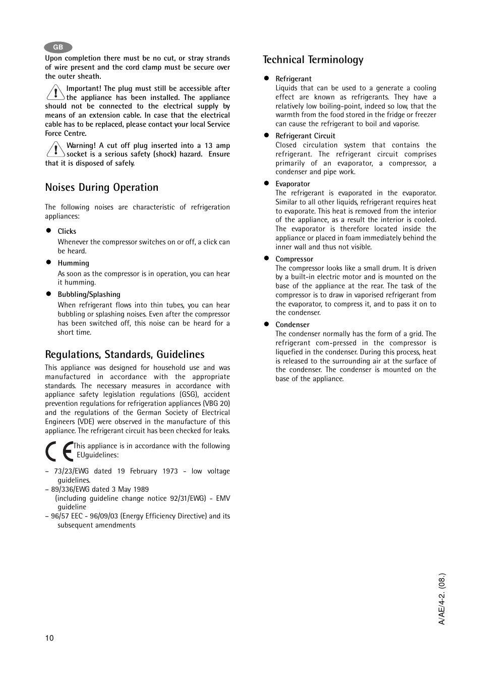 Noises during operation, Regulations, standards, guidelines, Technical terminology | AEG A 75100 GA3 User Manual | Page 10 / 12