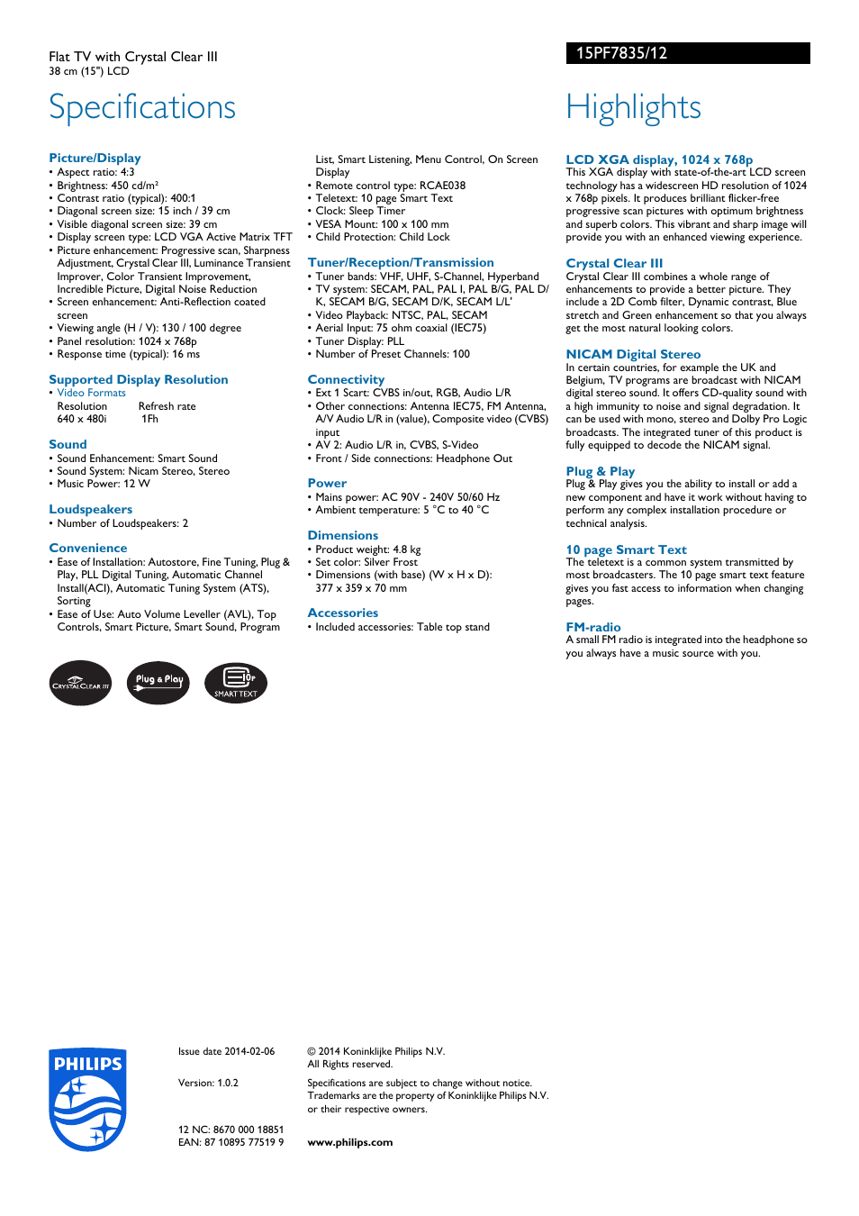 Specifications, Highlights | Philips Flat TV User Manual | Page 2 / 2