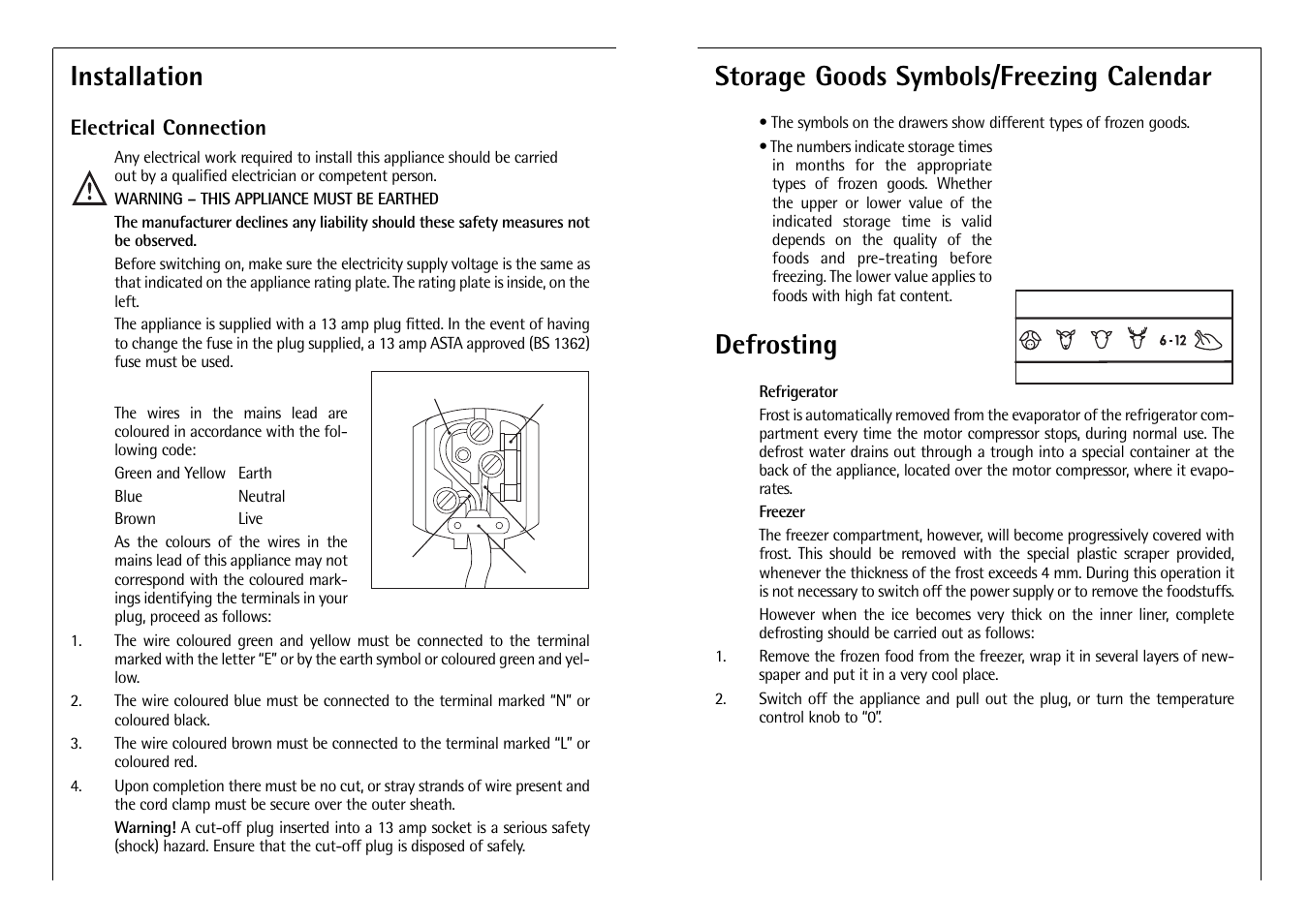 Storage goods symbols/freezing calendar, Defrosting, Installation | AEG SANTO C 7 18 40 I User Manual | Page 11 / 14