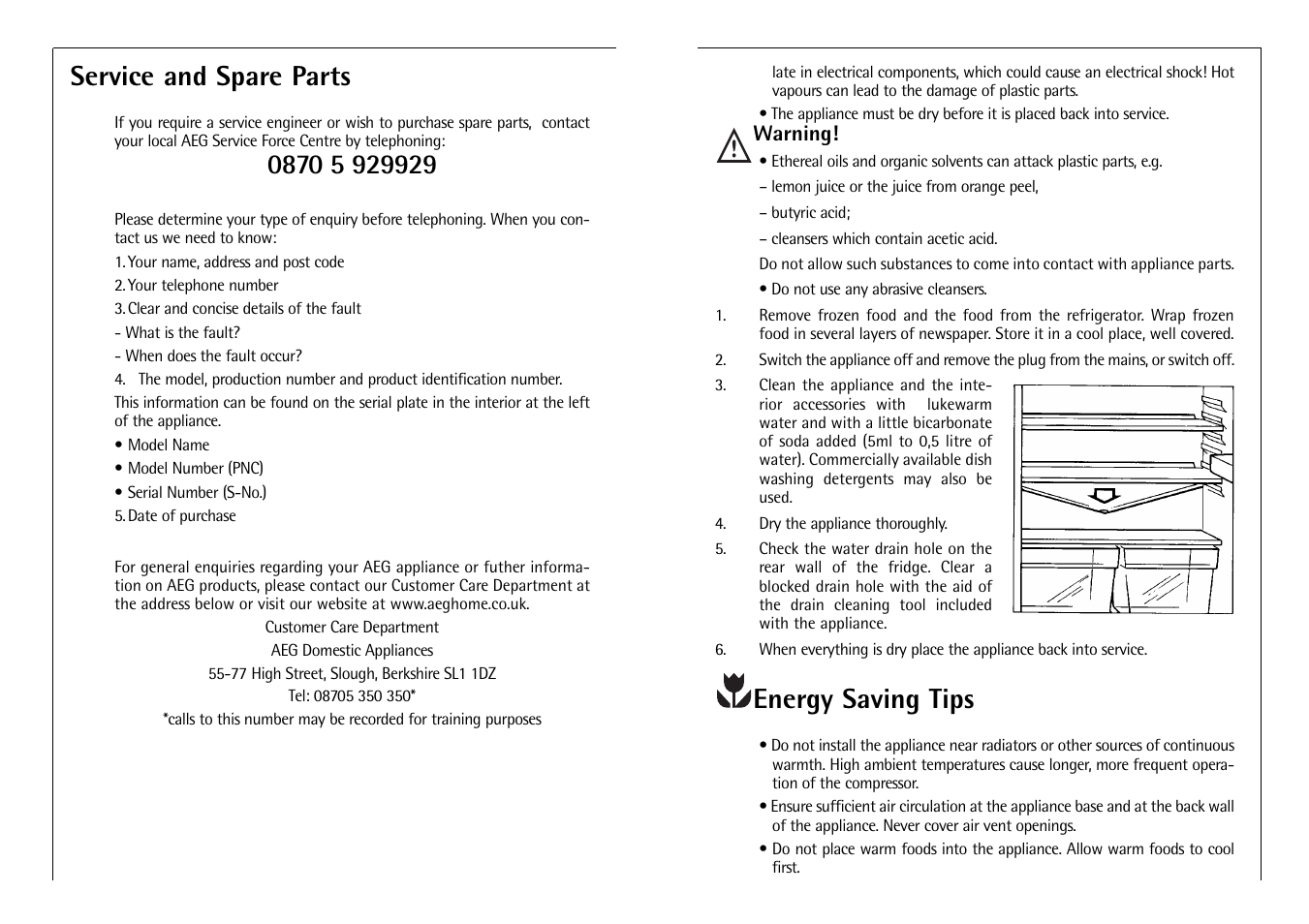 Energy saving tips, Service and spare parts | AEG SANTO C 7 18 40 I User Manual | Page 13 / 14
