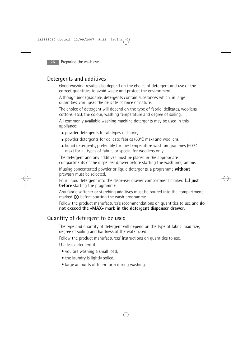 Detergents and additives, Quantity of detergent to be used | AEG LAVAMAT 62840 User Manual | Page 26 / 52
