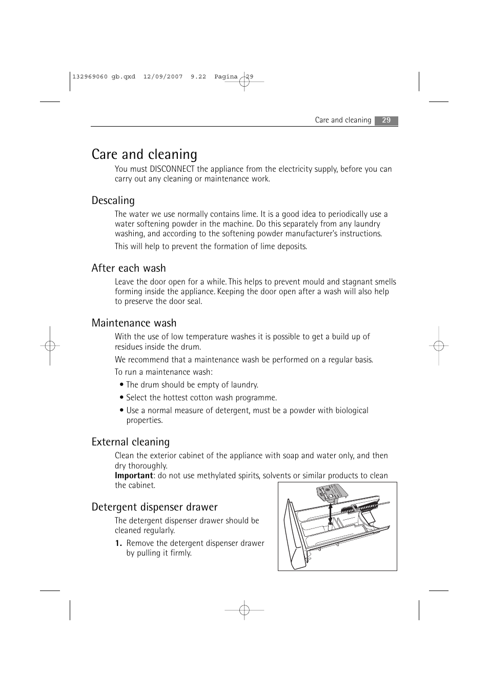 Care and cleaning, Descaling, After each wash | Maintenance wash, External cleaning, Detergent dispenser drawer | AEG LAVAMAT 62840 User Manual | Page 29 / 52