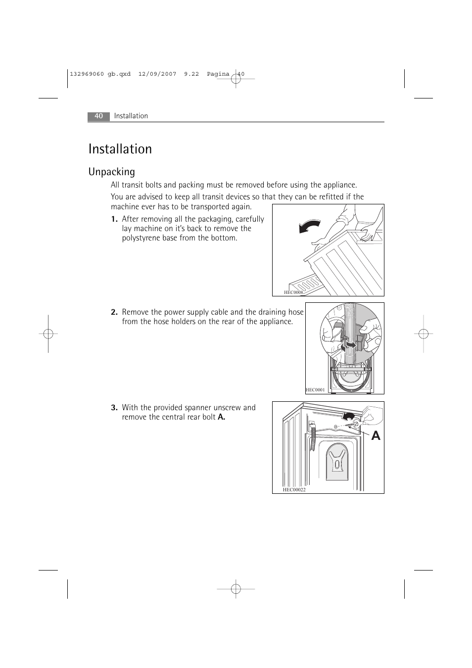 Installation, Unpacking | AEG LAVAMAT 62840 User Manual | Page 40 / 52