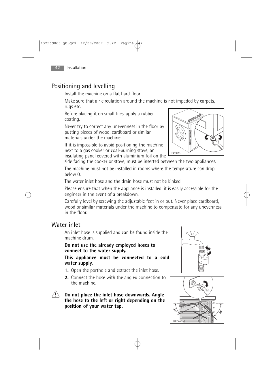 Positioning and levelling, Water inlet | AEG LAVAMAT 62840 User Manual | Page 42 / 52