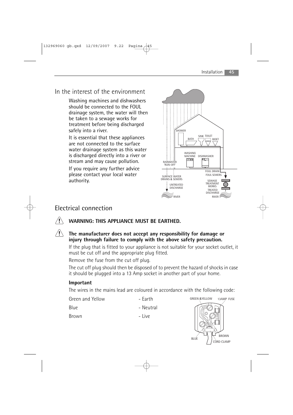Electrical connection, 45 installation | AEG LAVAMAT 62840 User Manual | Page 45 / 52
