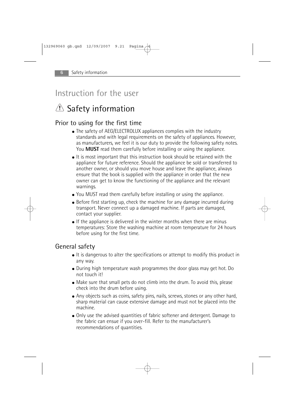 Instruction for the user safety information, Prior to using for the first time, General safety | AEG LAVAMAT 62840 User Manual | Page 6 / 52