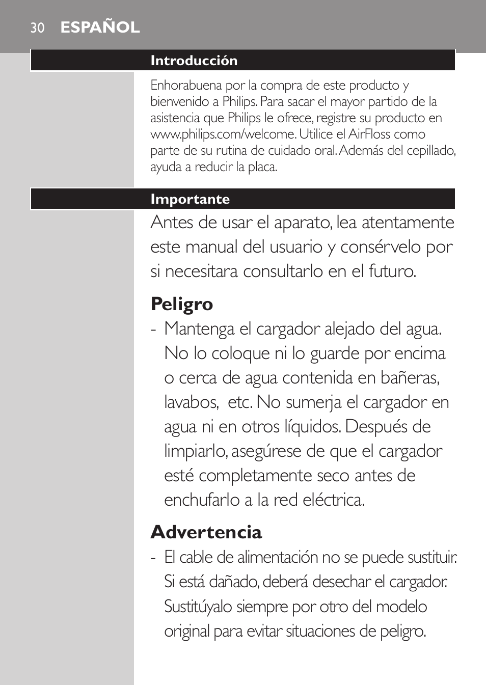 Español | Philips Sonicare AirFloss Interdental - Recargable User Manual | Page 30 / 96