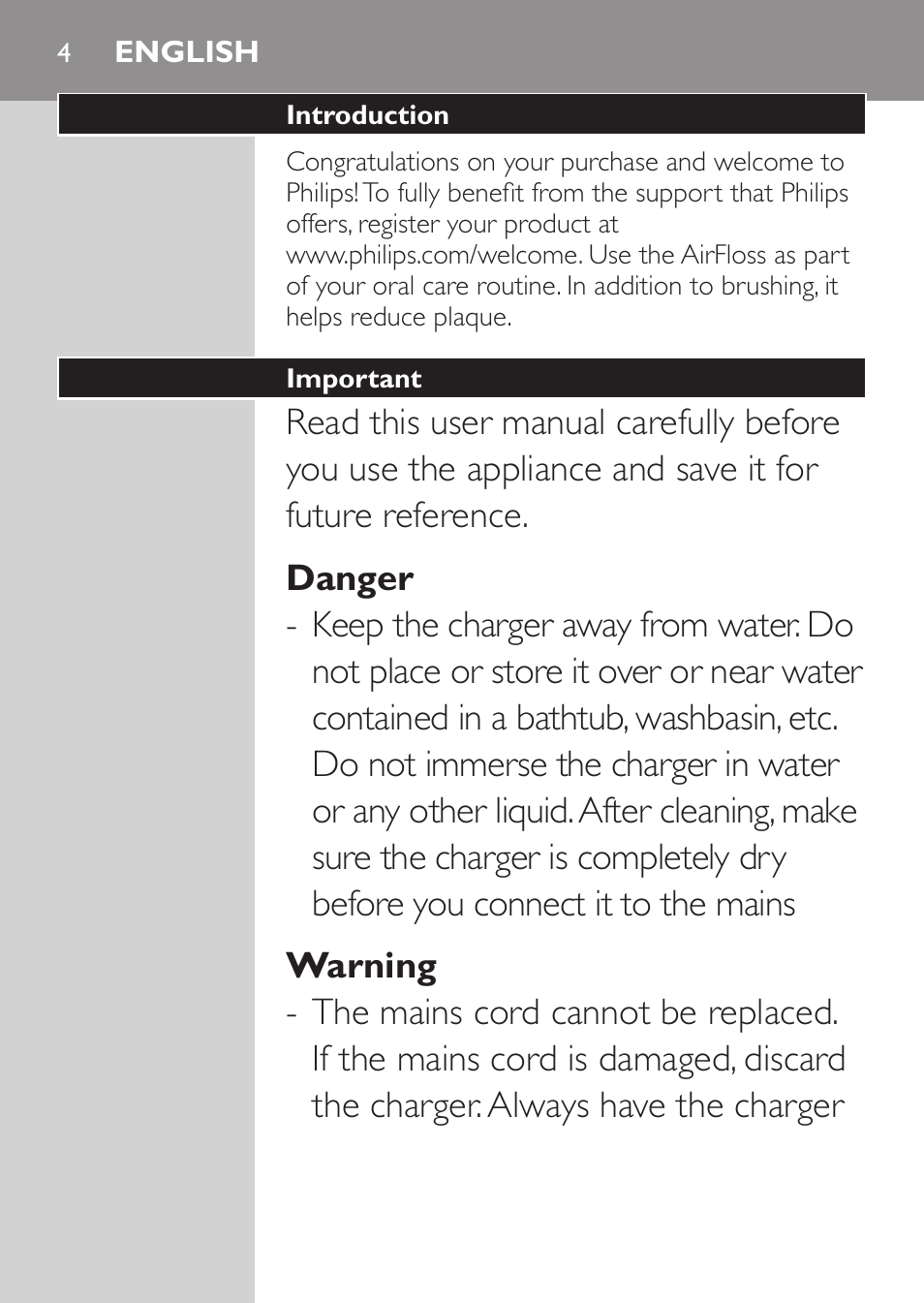 English, English 4 | Philips Sonicare AirFloss Interdental - Recargable User Manual | Page 4 / 96