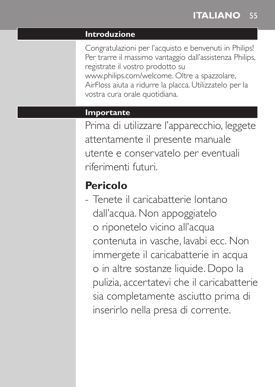 Italiano | Philips Sonicare AirFloss Interdental - Recargable User Manual | Page 55 / 96