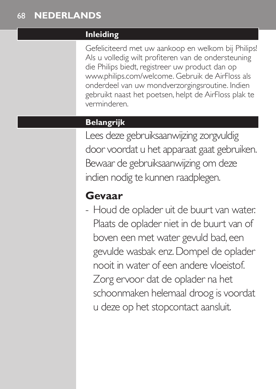 Nederlands, Nederlands 68 | Philips Sonicare AirFloss Interdental - Recargable User Manual | Page 68 / 96