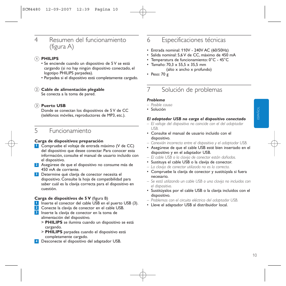 4resumen del funcionamiento (figura a), 5funcionamiento, 6especificaciones técnicas | 7solución de problemas | Philips Power2Charge User Manual | Page 10 / 61