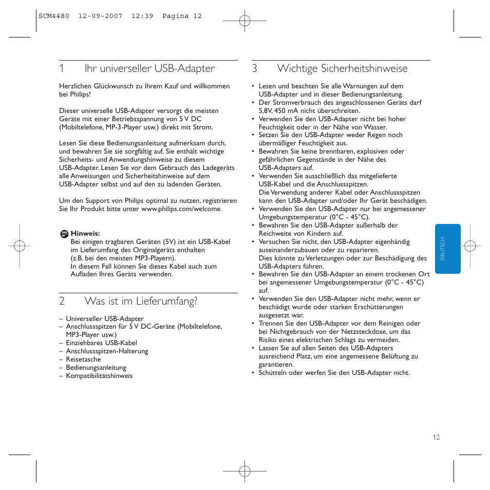 1ihr universeller usb-adapter, 2was ist im lieferumfang, 3wichtige sicherheitshinweise | Philips Power2Charge User Manual | Page 12 / 61