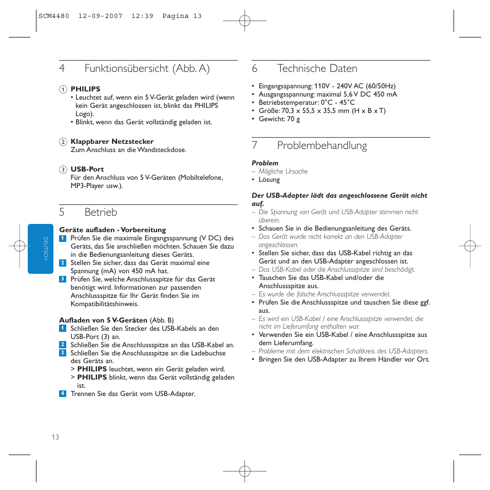 4funktionsübersicht (abb. a), 5betrieb, 6technische daten | 7problembehandlung | Philips Power2Charge User Manual | Page 13 / 61