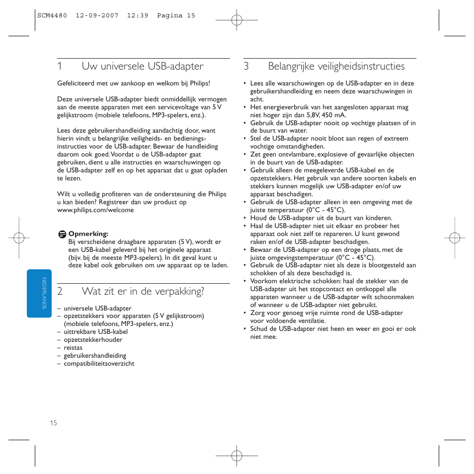 1uw universele usb-adapter, 2wat zit er in de verpakking, 3belangrijke veiligheidsinstructies | Philips Power2Charge User Manual | Page 15 / 61