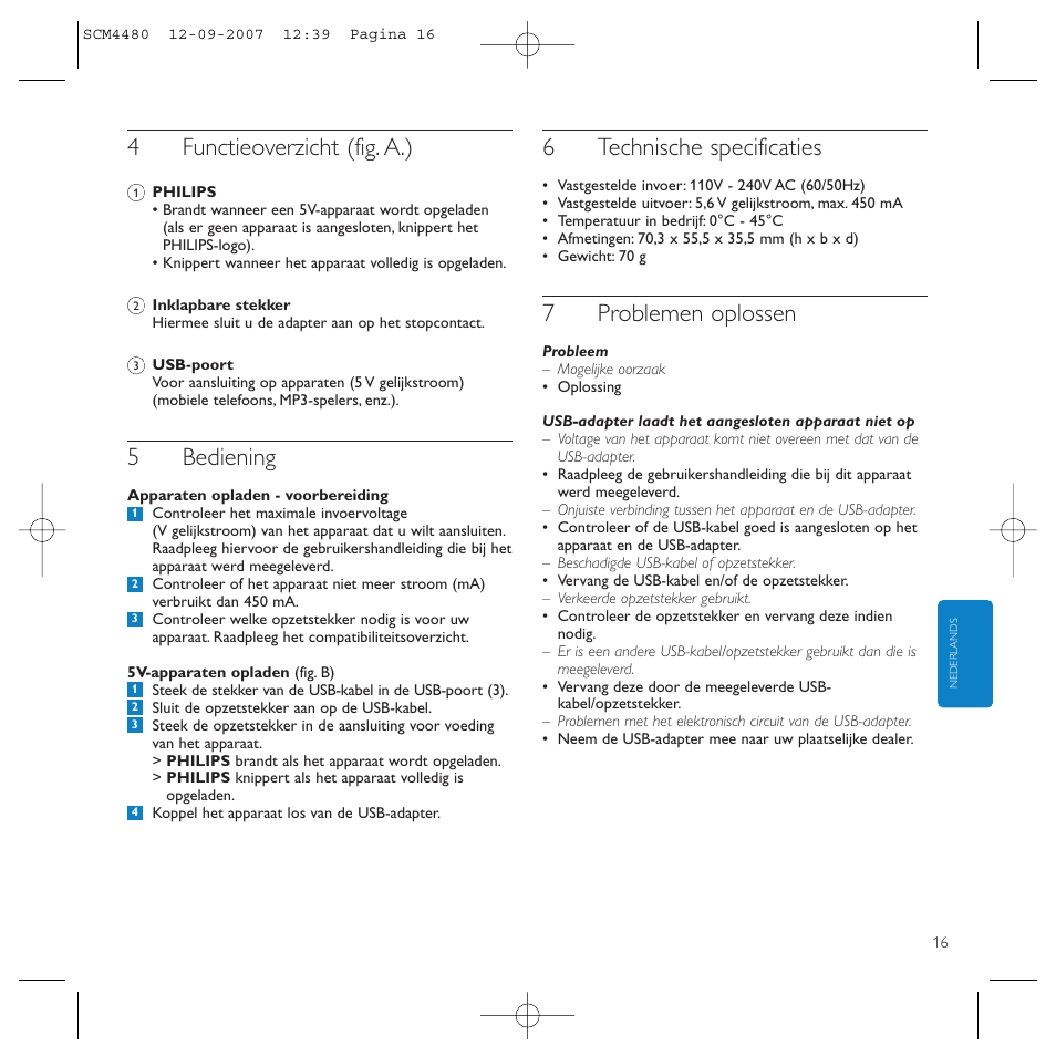 4functieoverzicht (fig. a.), 5bediening, 6technische specificaties | 7problemen oplossen | Philips Power2Charge User Manual | Page 16 / 61