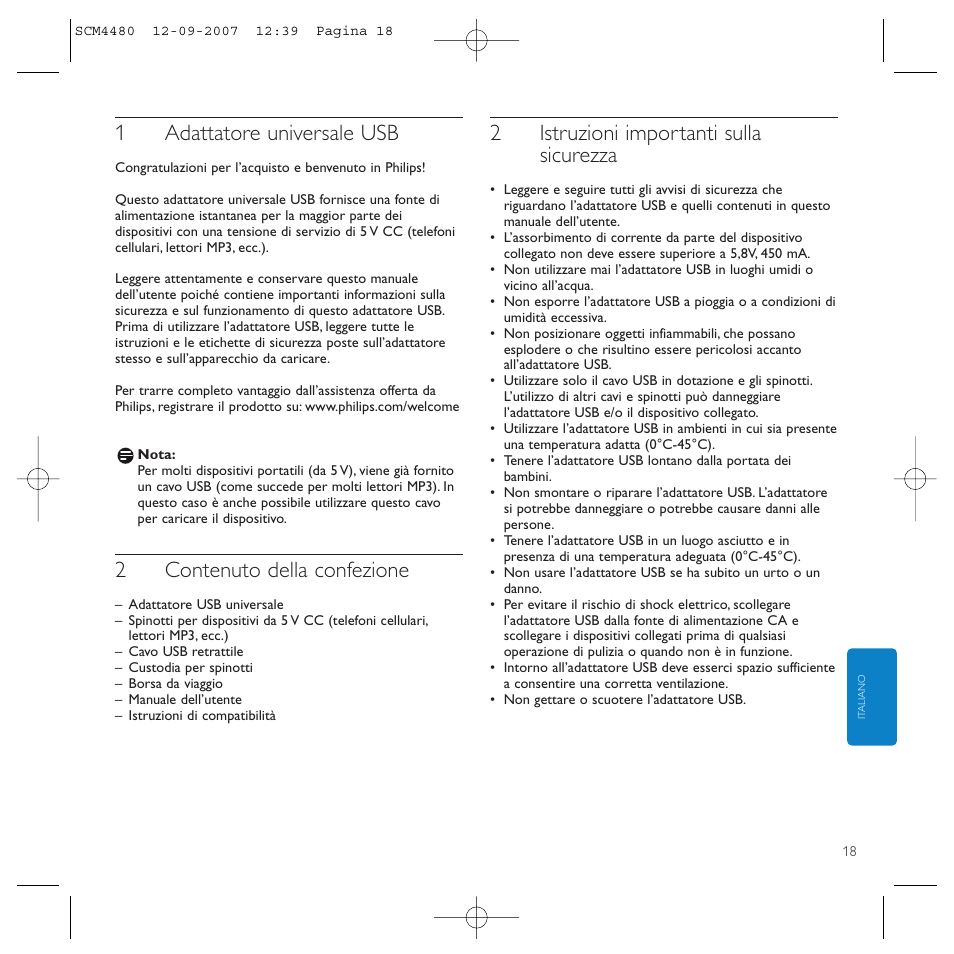 1adattatore universale usb, 2contenuto della confezione, 2istruzioni importanti sulla sicurezza | Philips Power2Charge User Manual | Page 18 / 61