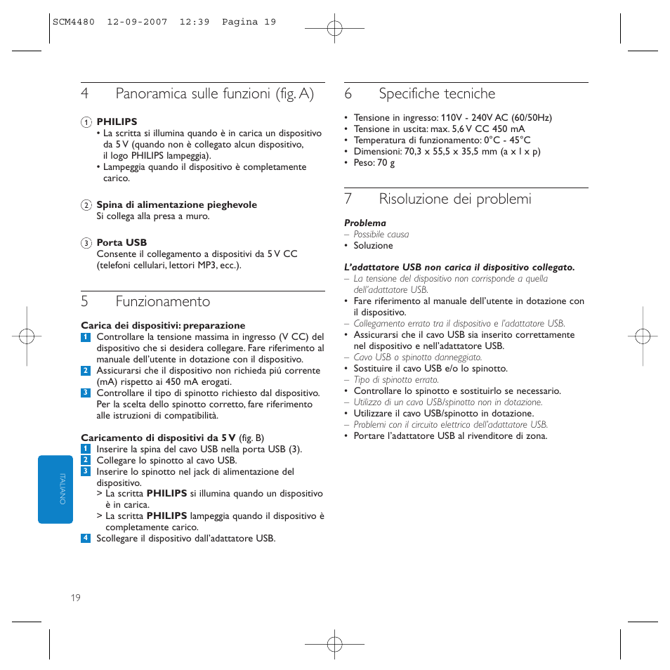 4panoramica sulle funzioni (fig. a), 5funzionamento, 6specifiche tecniche | 7risoluzione dei problemi | Philips Power2Charge User Manual | Page 19 / 61