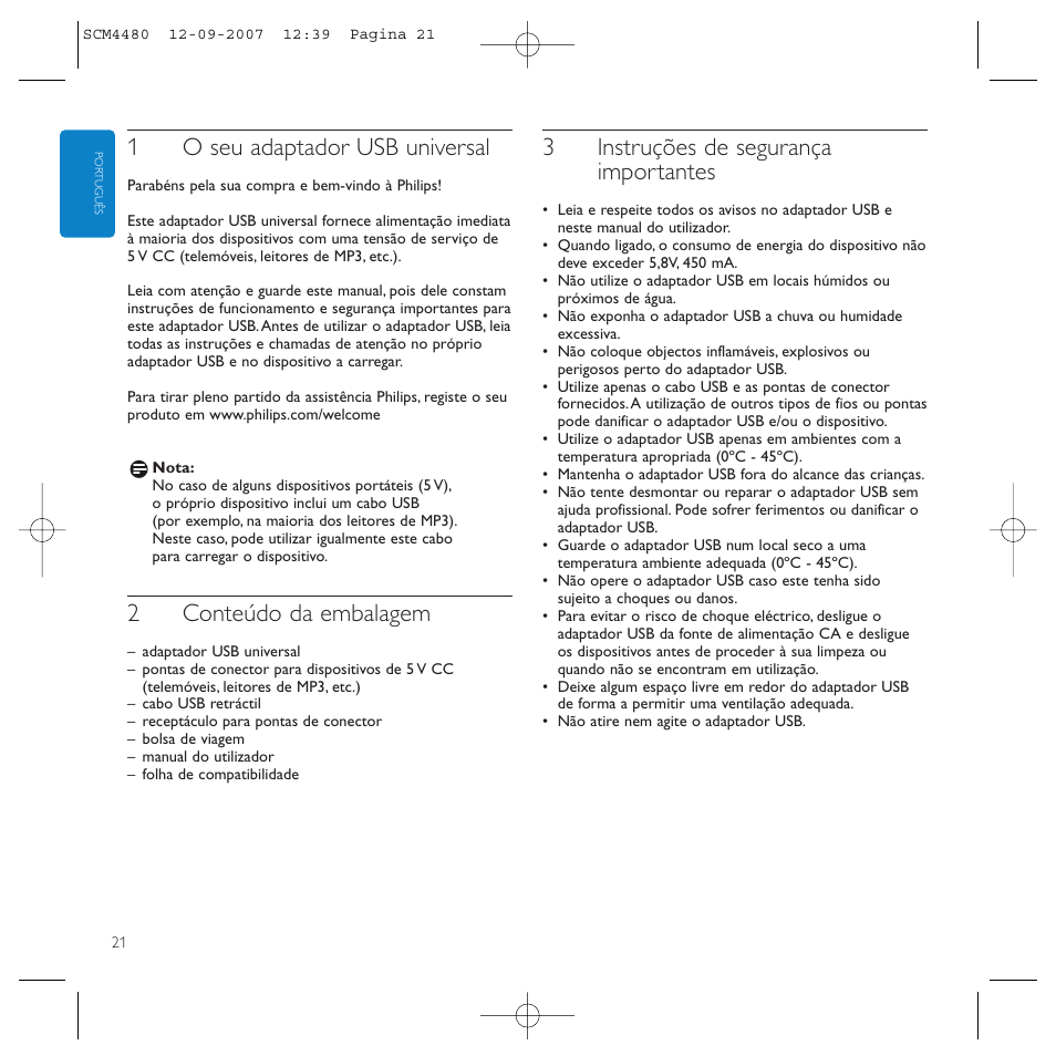 1o seu adaptador usb universal, 2conteúdo da embalagem, 3instruções de segurança importantes | Philips Power2Charge User Manual | Page 21 / 61